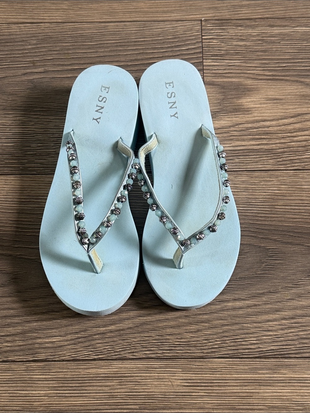 ESNY Light Blue Beaded Women's Flip Flop Sandals